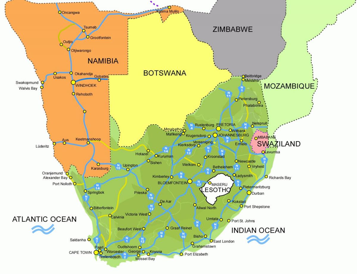kaart van Lesotho en suid-afrika